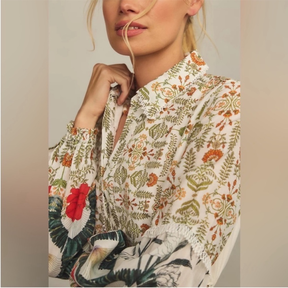 Anthropologie Boho Floral Tiered Maxi Dress in Cream with Red & Green Accents - Picture 2 of 10